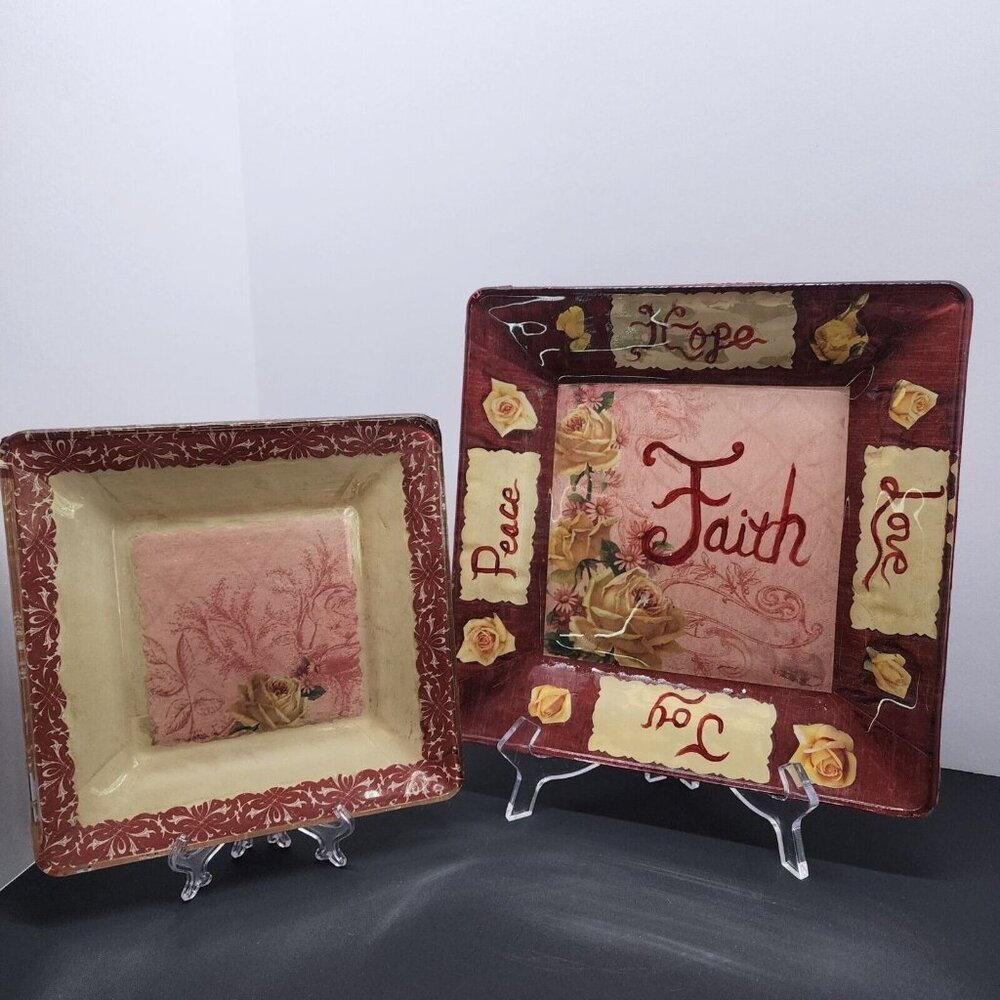 Handmade Unique Mod Podge Square Glass Plates Set Maroon "FAITH" Design